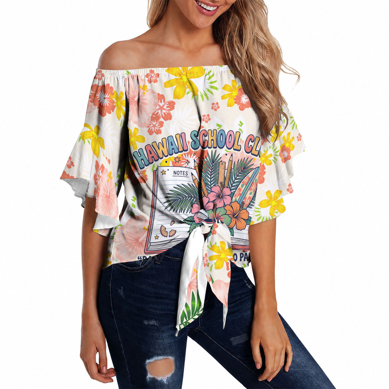 Personalized Hawaii School Club Back To Class Off Shoulder Wrap Waist Top Retro Tropical Hibiscus Pattern With Open Notebook TS04 White Orange - Polynesian Pride