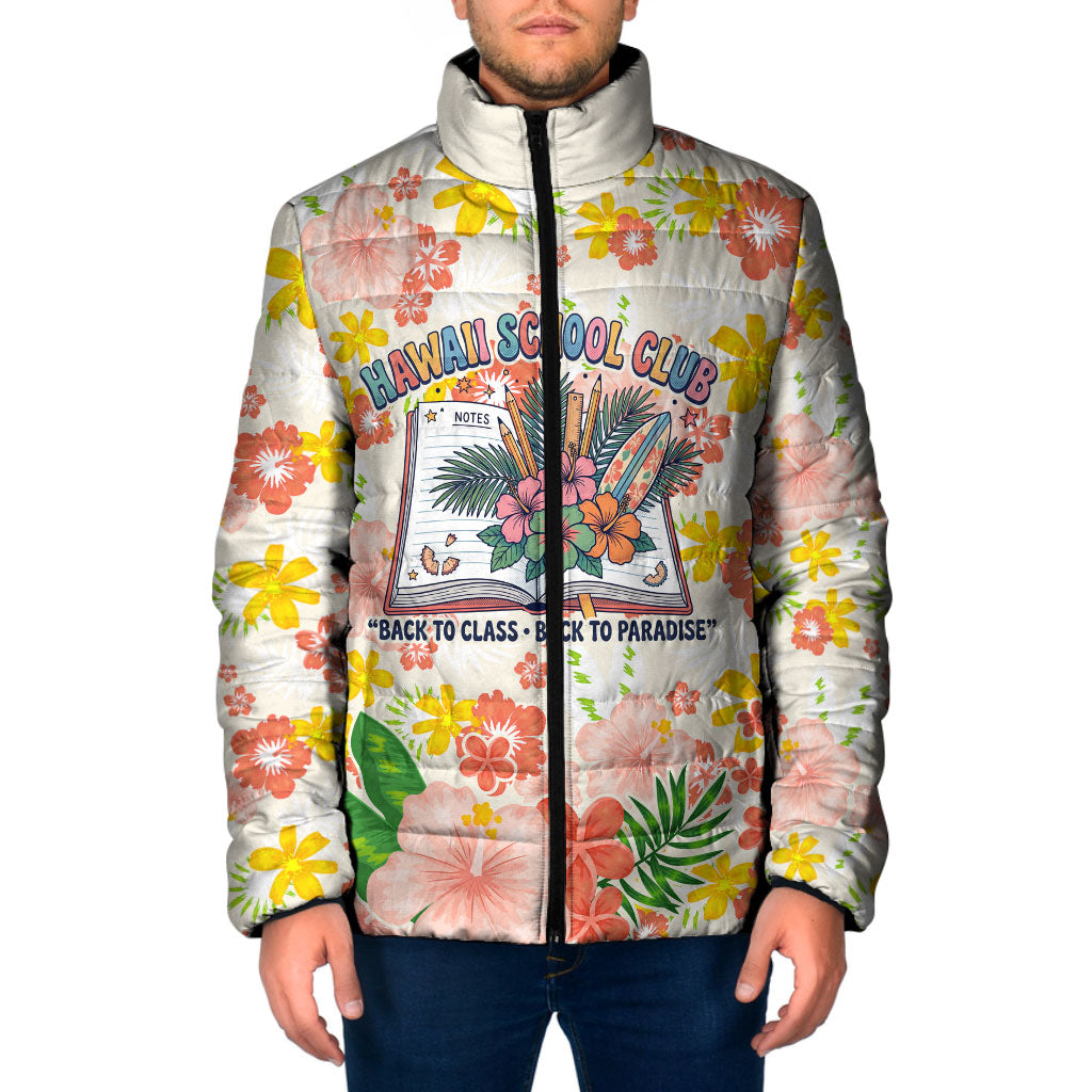Personalized Hawaii School Club Back To Class Padded Jacket Retro Tropical Hibiscus Pattern With Open Notebook TS04 Men White Orange - Polynesian Pride