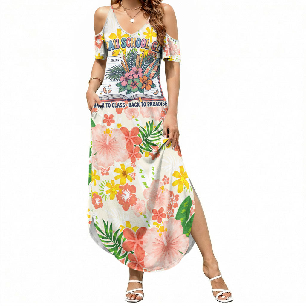 Personalized Hawaii School Club Back To Class Summer Maxi Dress Retro Tropical Hibiscus Pattern With Open Notebook TS04 Women White Orange - Polynesian Pride