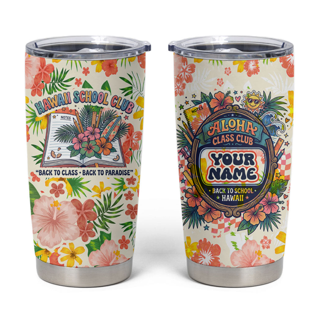 Personalized Hawaii School Club Back To Class Tumbler Cup Retro Tropical Hibiscus Pattern With Open Notebook TS04 White Orange - Polynesian Pride
