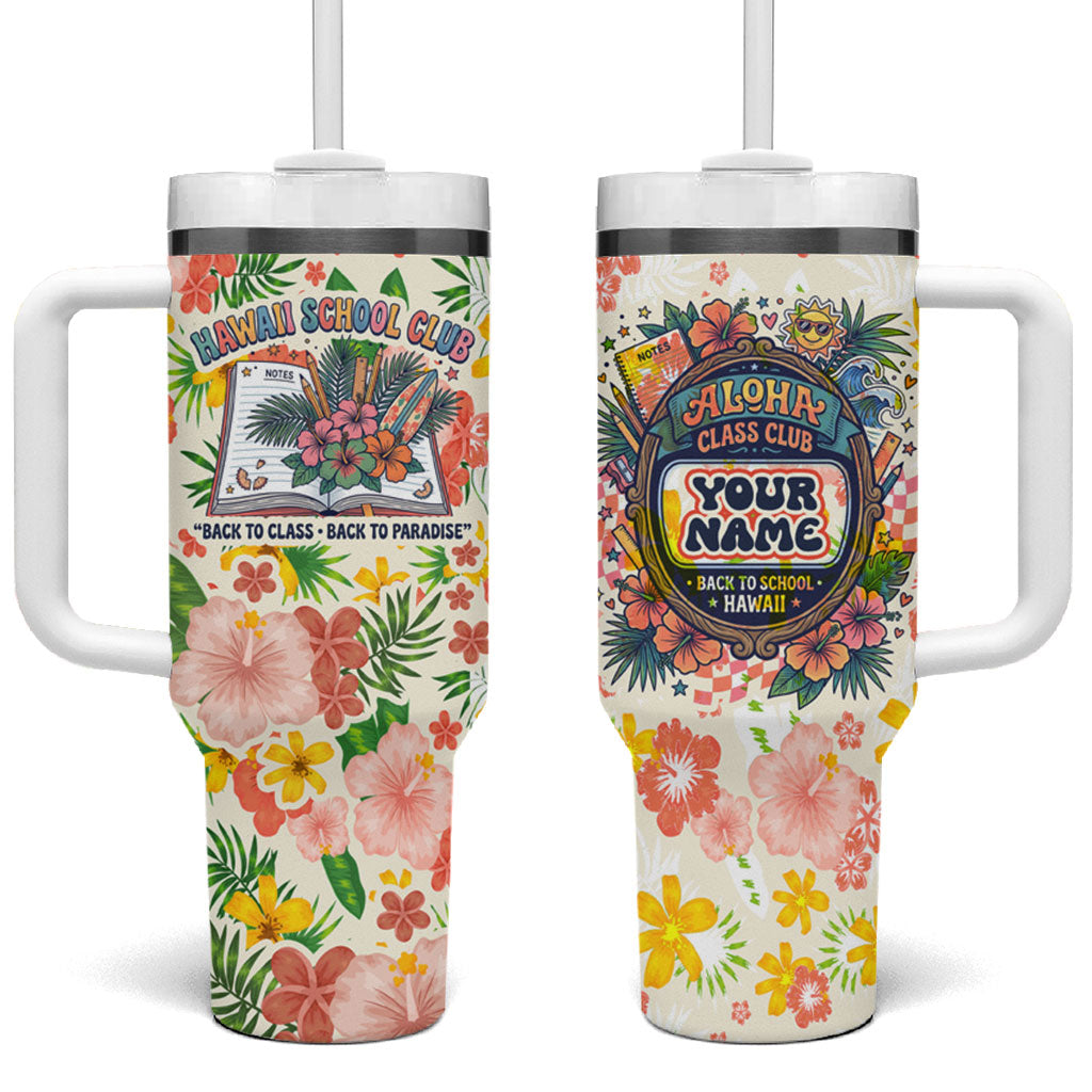 Personalized Hawaii School Club Back To Class Tumbler With Handle Retro Tropical Hibiscus Pattern With Open Notebook TS04 One Size: 40 oz White Orange - Polynesian Pride