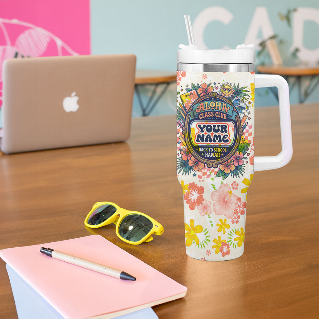 Personalized Hawaii School Club Back To Class Tumbler With Handle Retro Tropical Hibiscus Pattern With Open Notebook TS04 - Polynesian Pride