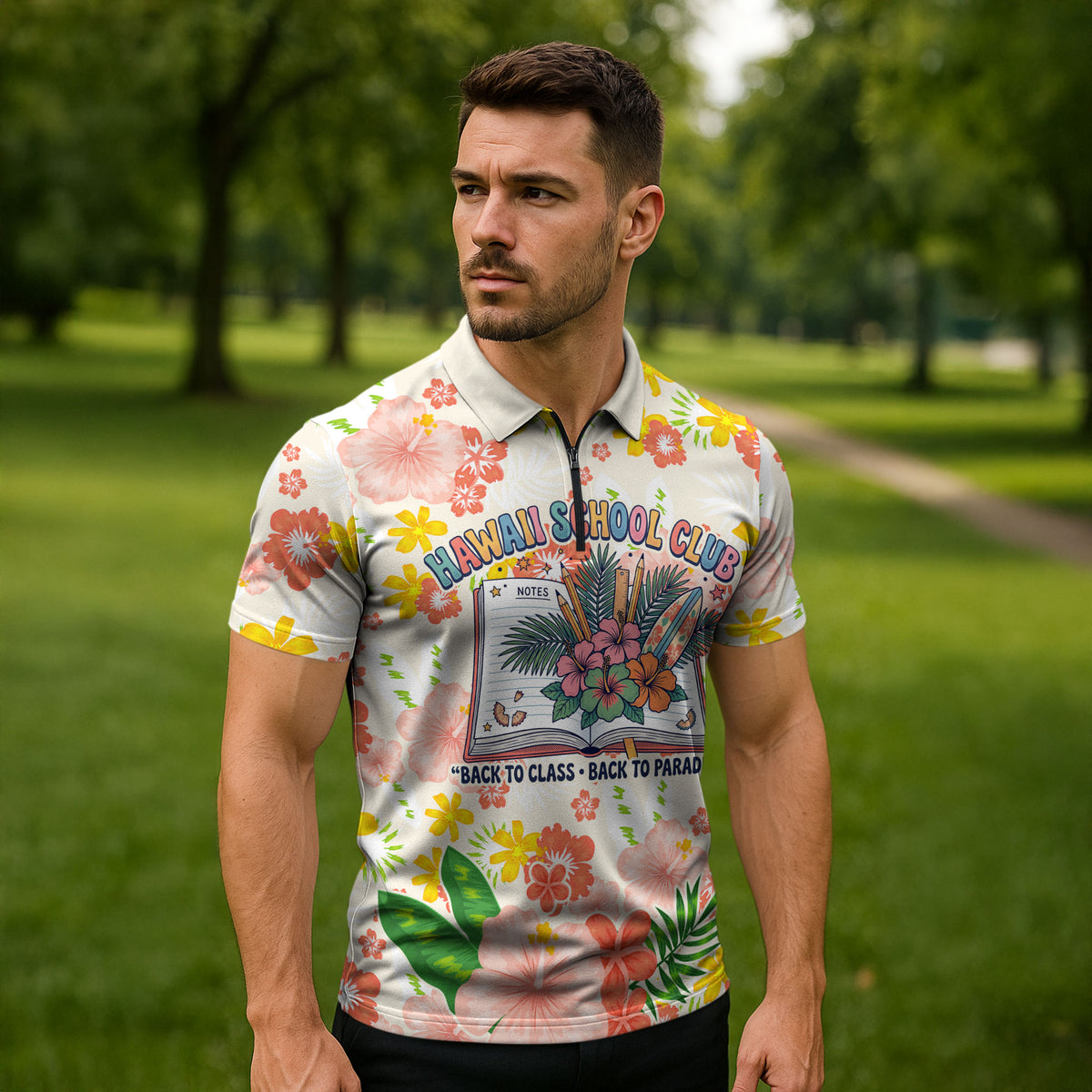 Personalized Hawaii School Club Back To Class Zipper Polo Shirt Retro Tropical Hibiscus Pattern With Open Notebook TS04 - Polynesian Pride