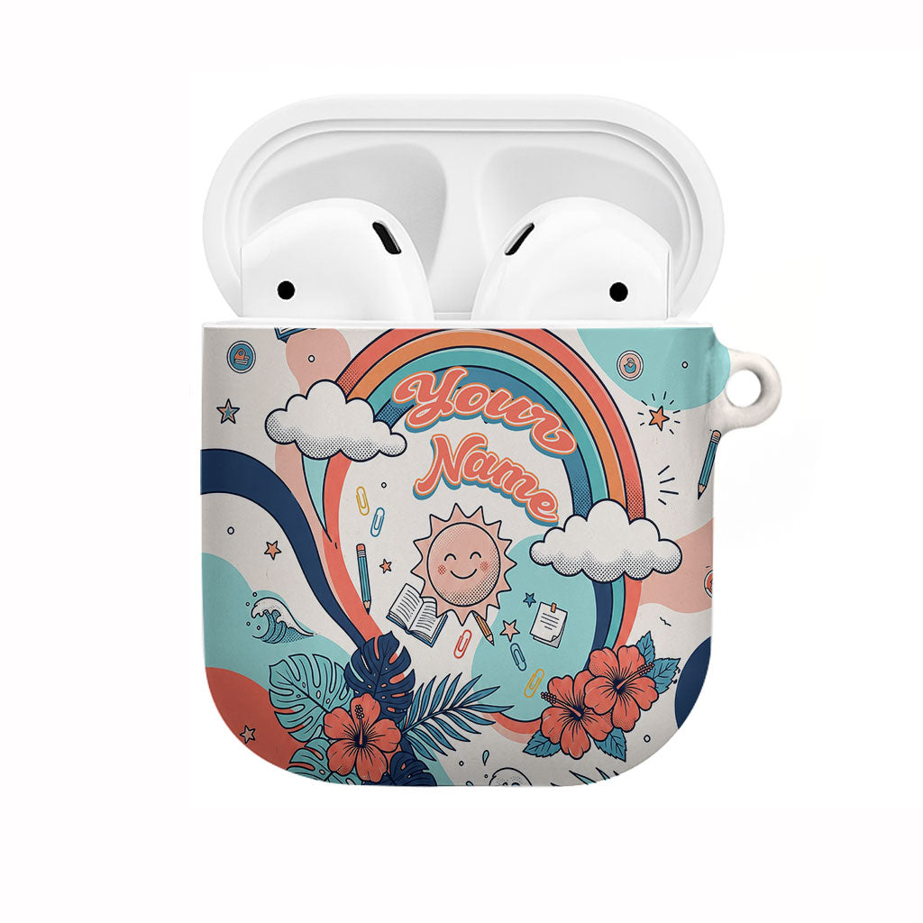 Personalized Hawaii Back To School AirPods Case Retro Rainbow Sun with Tropical Hibiscus Flowers TS04 White Blue - Polynesian Pride