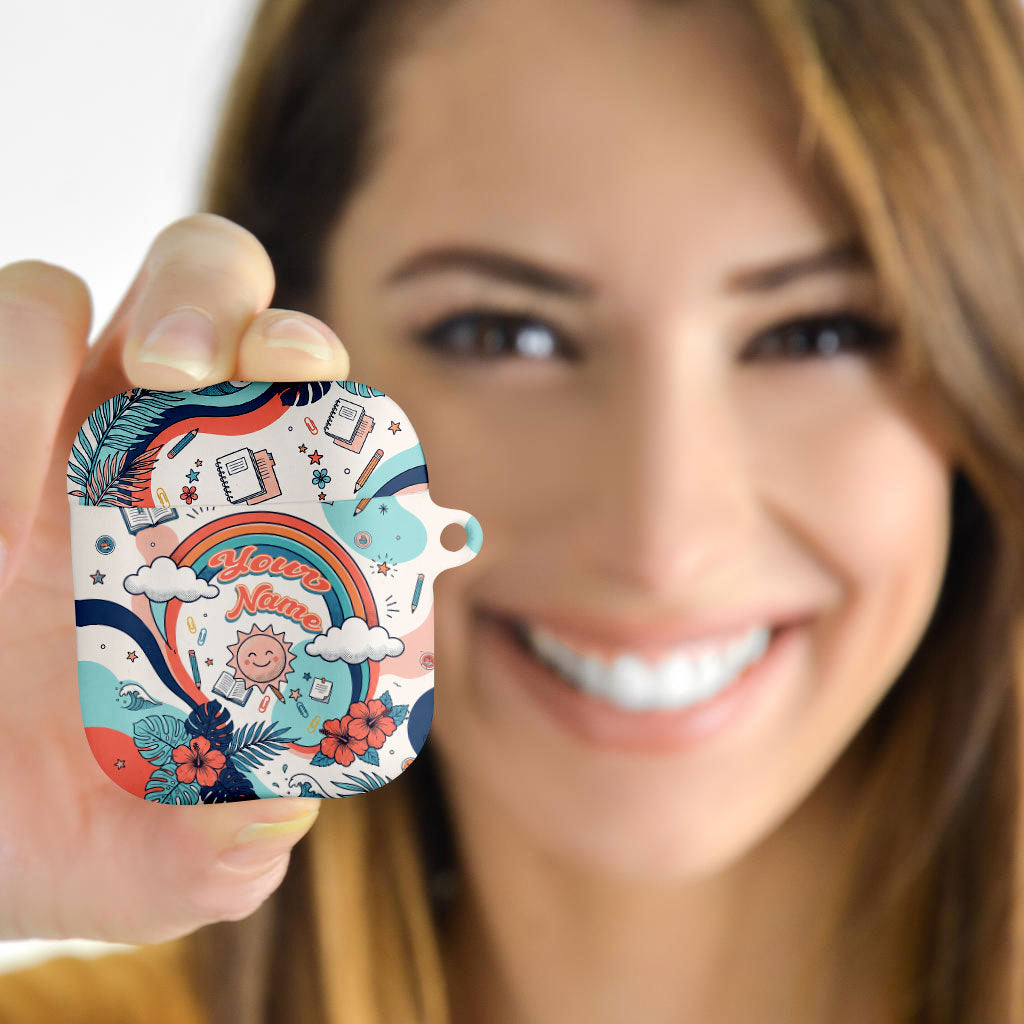Personalized Hawaii Back To School AirPods Case Retro Rainbow Sun with Tropical Hibiscus Flowers TS04 - Polynesian Pride
