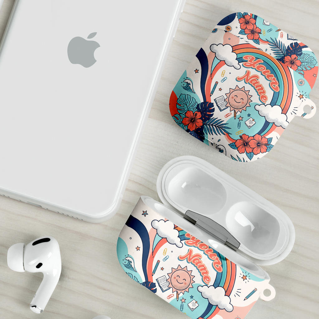 Personalized Hawaii Back To School AirPods Case Retro Rainbow Sun with Tropical Hibiscus Flowers TS04 - Polynesian Pride