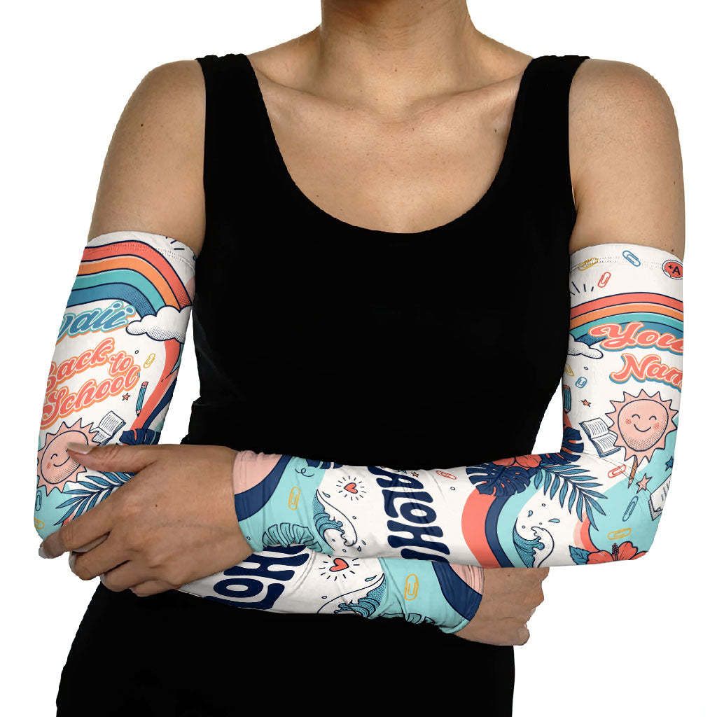 Personalized Hawaii Back To School Arm Sleeves Retro Rainbow Sun with Tropical Hibiscus Flowers TS04 - Polynesian Pride