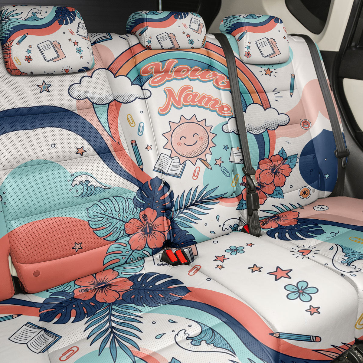 Personalized Hawaii Back To School Back Car Seat Cover Retro Rainbow Sun with Tropical Hibiscus Flowers TS04 - Polynesian Pride