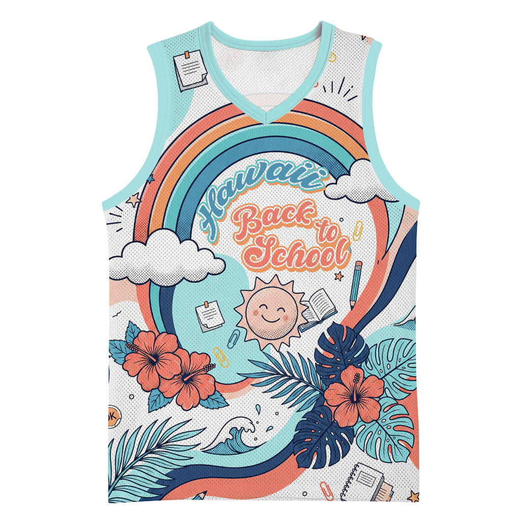 Personalized Hawaii Back To School Basketball Jersey Retro Rainbow Sun with Tropical Hibiscus Flowers TS04 Unisex White Blue - Polynesian Pride