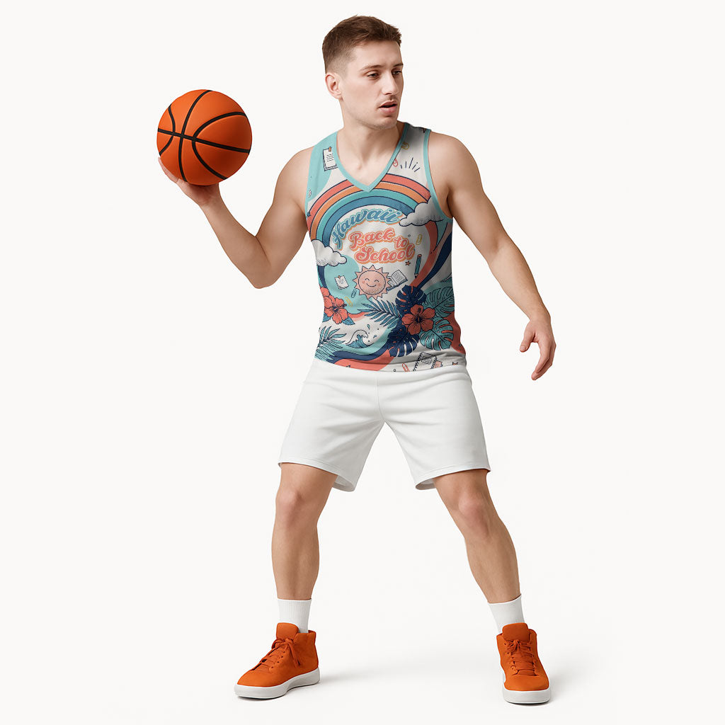 Personalized Hawaii Back To School Basketball Jersey Retro Rainbow Sun with Tropical Hibiscus Flowers TS04 - Polynesian Pride