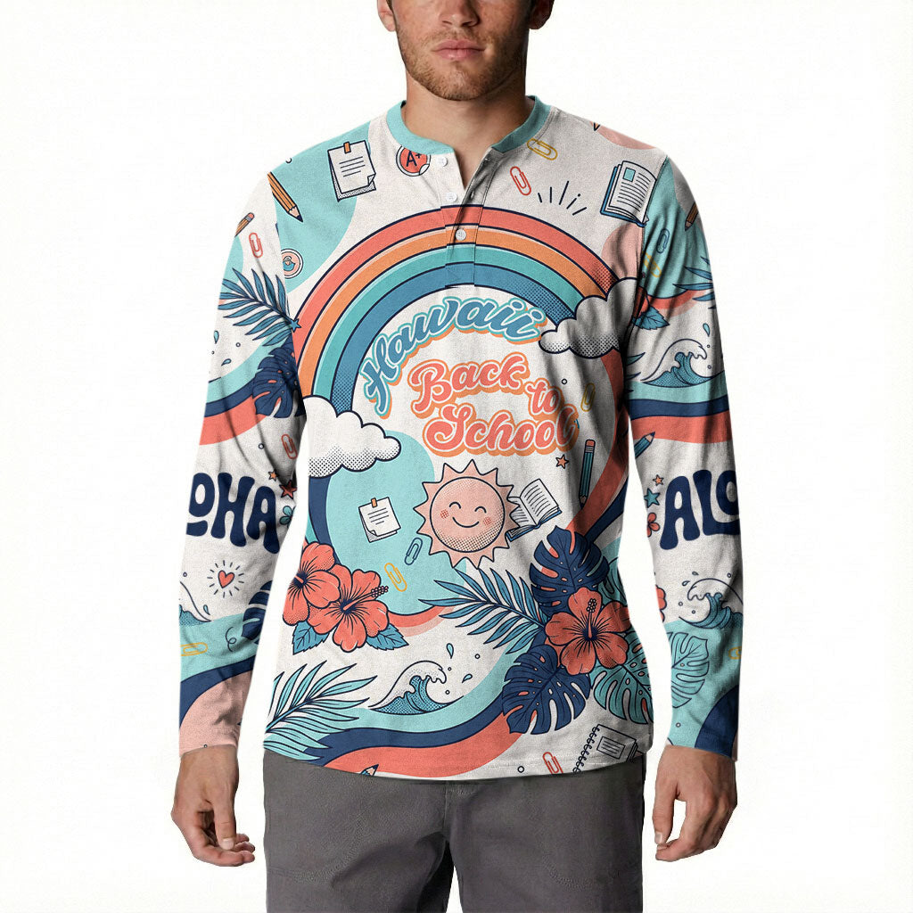 Personalized Hawaii Back To School Button Sweatshirt Retro Rainbow Sun with Tropical Hibiscus Flowers TS04 - Polynesian Pride