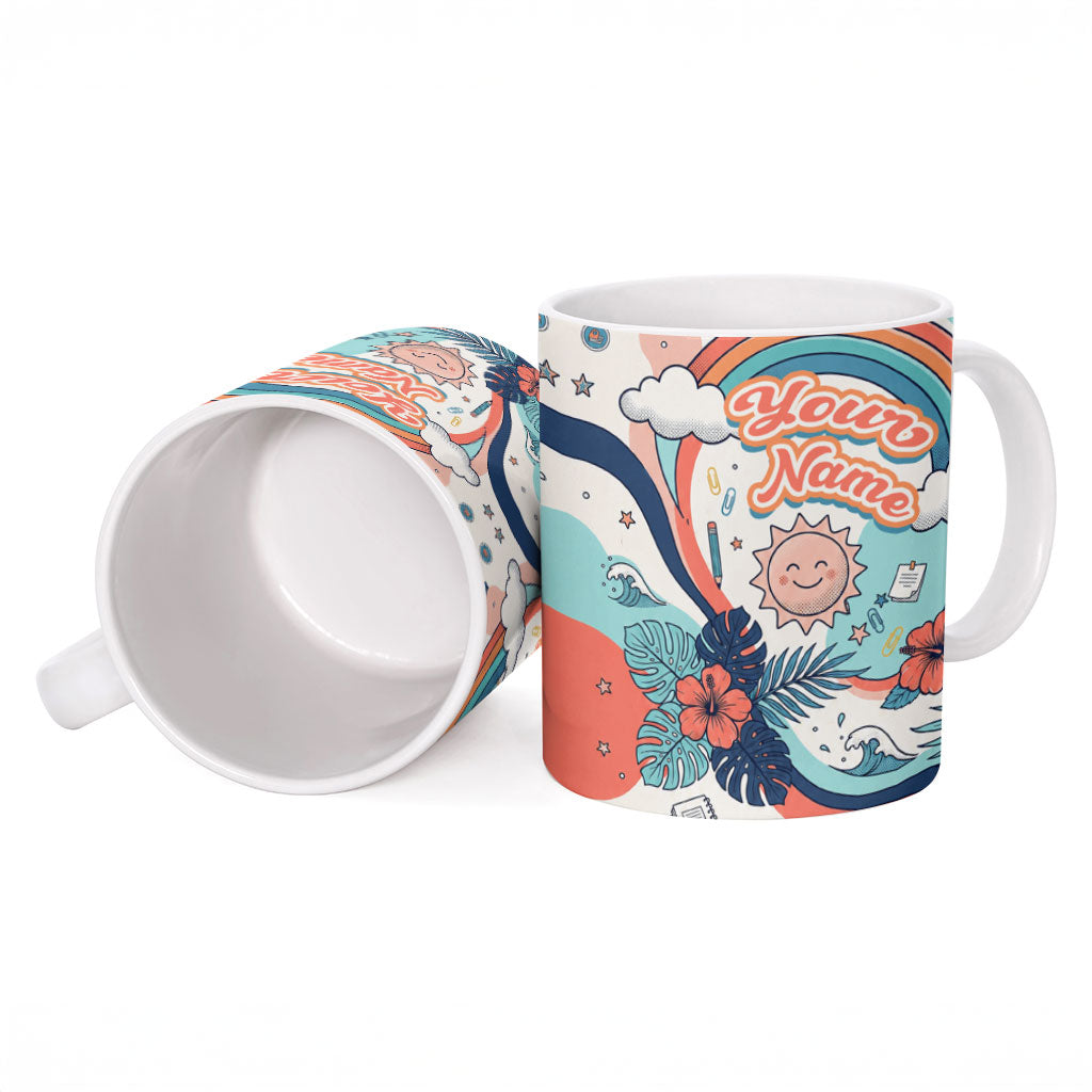 Personalized Hawaii Back To School Ceramic Mug Retro Rainbow Sun with Tropical Hibiscus Flowers TS04 - Polynesian Pride