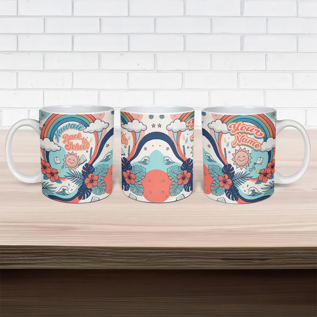 Personalized Hawaii Back To School Ceramic Mug Retro Rainbow Sun with Tropical Hibiscus Flowers TS04 - Polynesian Pride