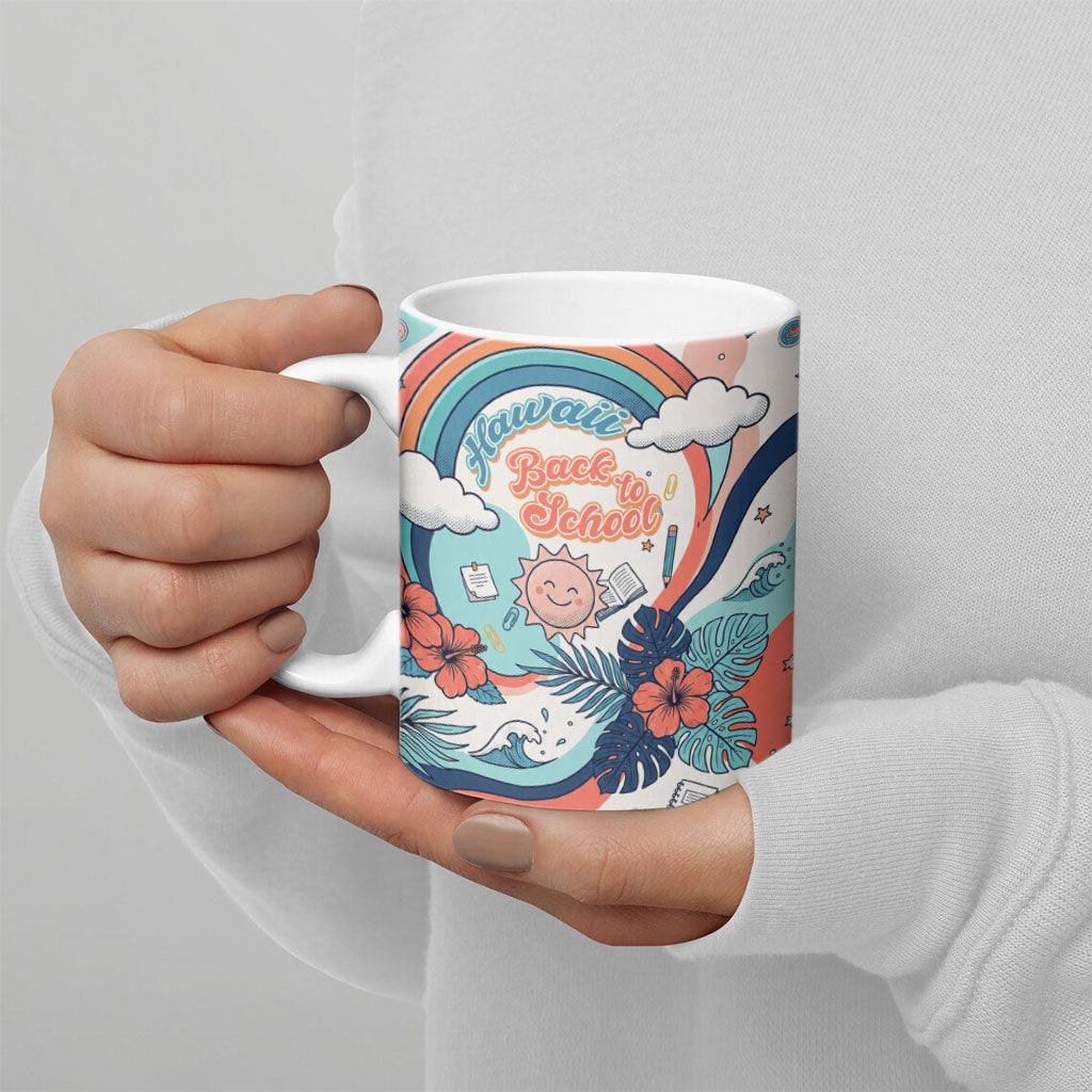 Personalized Hawaii Back To School Ceramic Mug Retro Rainbow Sun with Tropical Hibiscus Flowers TS04 - Polynesian Pride