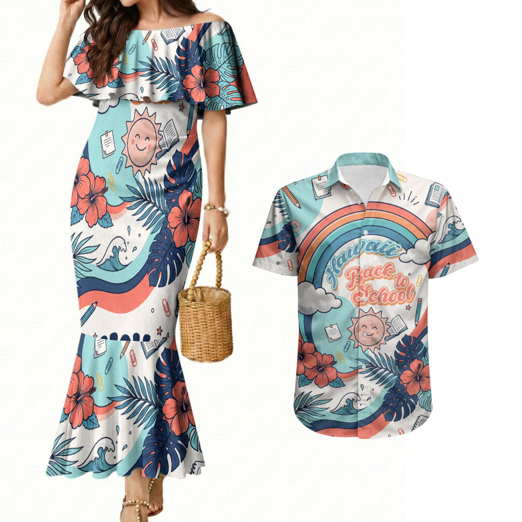 Personalized Hawaii Back To School Couples Matching Mermaid Dress and Hawaiian Shirt Retro Rainbow Sun with Tropical Hibiscus Flowers TS04 White Blue - Polynesian Pride