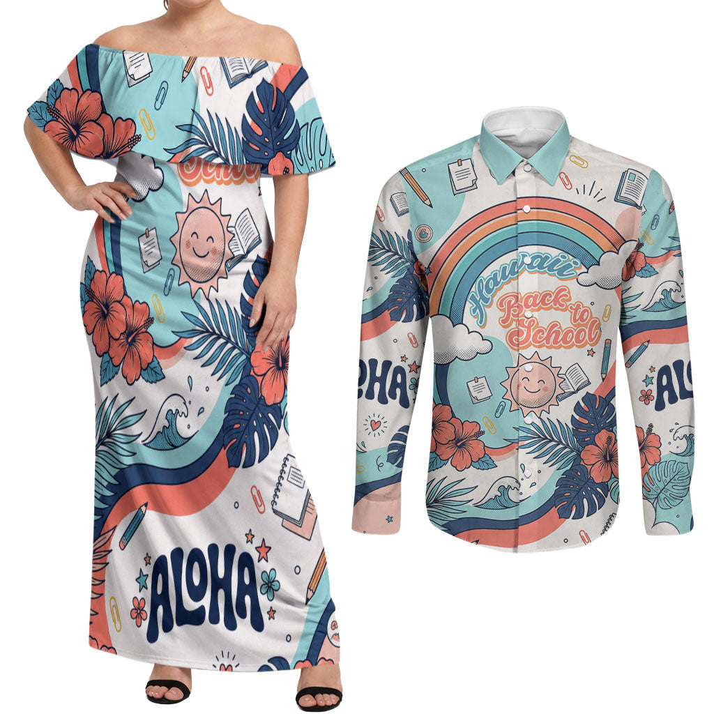 Personalized Hawaii Back To School Couples Matching Off Shoulder Maxi Dress and Long Sleeve Button Shirt Retro Rainbow Sun with Tropical Hibiscus Flowers TS04 White Blue - Polynesian Pride