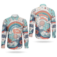 Personalized Hawaii Back To School Couples Matching Off Shoulder Maxi Dress and Long Sleeve Button Shirt Retro Rainbow Sun with Tropical Hibiscus Flowers TS04 - Polynesian Pride