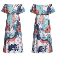 Personalized Hawaii Back To School Couples Matching Off Shoulder Maxi Dress and Long Sleeve Button Shirt Retro Rainbow Sun with Tropical Hibiscus Flowers TS04 - Polynesian Pride