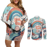 Personalized Hawaii Back To School Couples Matching Off Shoulder Short Dress and Long Sleeve Button Shirt Retro Rainbow Sun with Tropical Hibiscus Flowers TS04 White Blue - Polynesian Pride