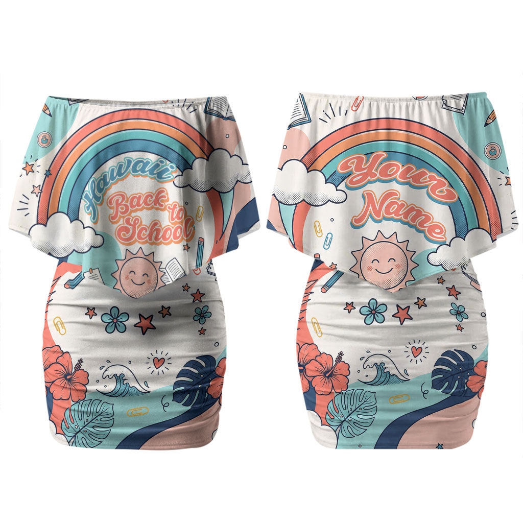 Personalized Hawaii Back To School Couples Matching Off Shoulder Short Dress and Long Sleeve Button Shirt Retro Rainbow Sun with Tropical Hibiscus Flowers TS04 - Polynesian Pride