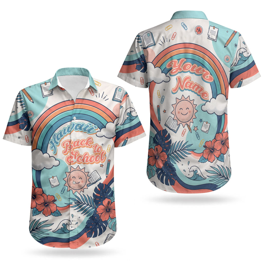 Personalized Hawaii Back To School Couples Matching Puletasi and Hawaiian Shirt Retro Rainbow Sun with Tropical Hibiscus Flowers TS04 - Polynesian Pride