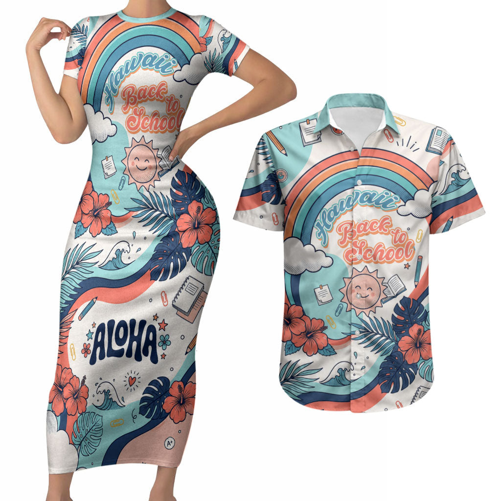 Personalized Hawaii Back To School Couples Matching Short Sleeve Bodycon Dress and Hawaiian Shirt Retro Rainbow Sun with Tropical Hibiscus Flowers TS04 White Blue - Polynesian Pride