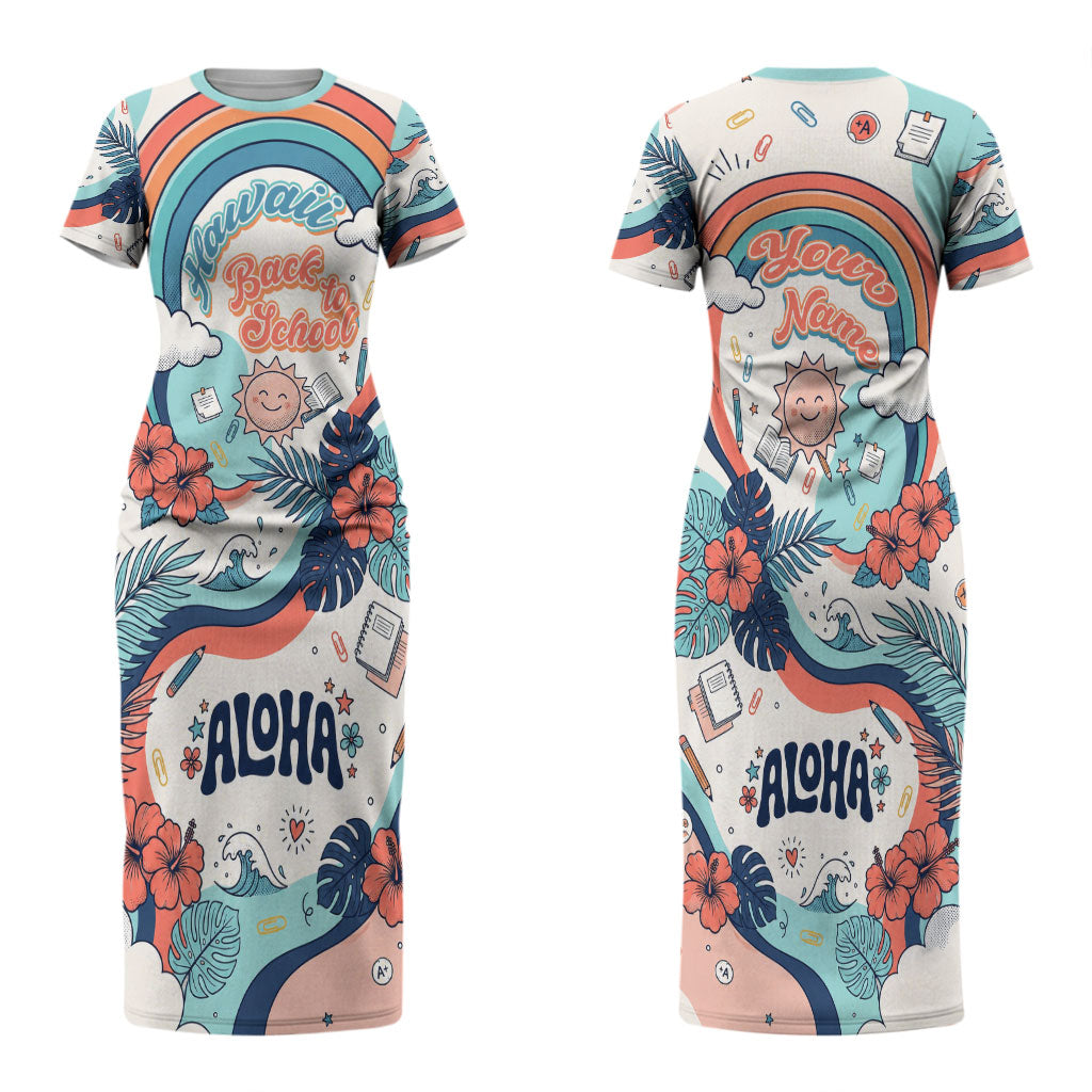 Personalized Hawaii Back To School Couples Matching Short Sleeve Bodycon Dress and Hawaiian Shirt Retro Rainbow Sun with Tropical Hibiscus Flowers TS04 - Polynesian Pride