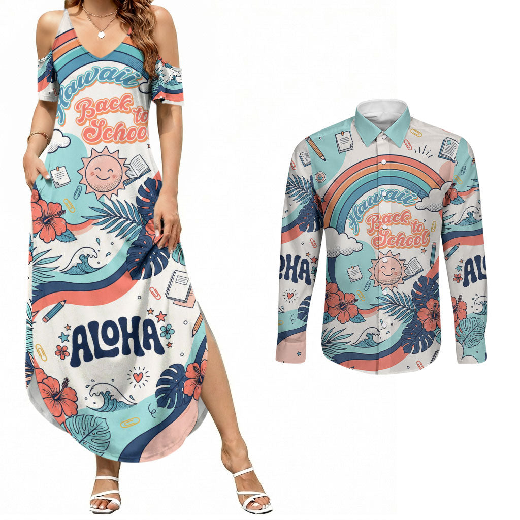 Personalized Hawaii Back To School Couples Matching Summer Maxi Dress and Long Sleeve Button Shirt Retro Rainbow Sun with Tropical Hibiscus Flowers TS04 White Blue - Polynesian Pride