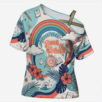 Personalized Hawaii Back To School Cross Shoulder Shirt Retro Rainbow Sun with Tropical Hibiscus Flowers TS04 Female White Blue - Polynesian Pride