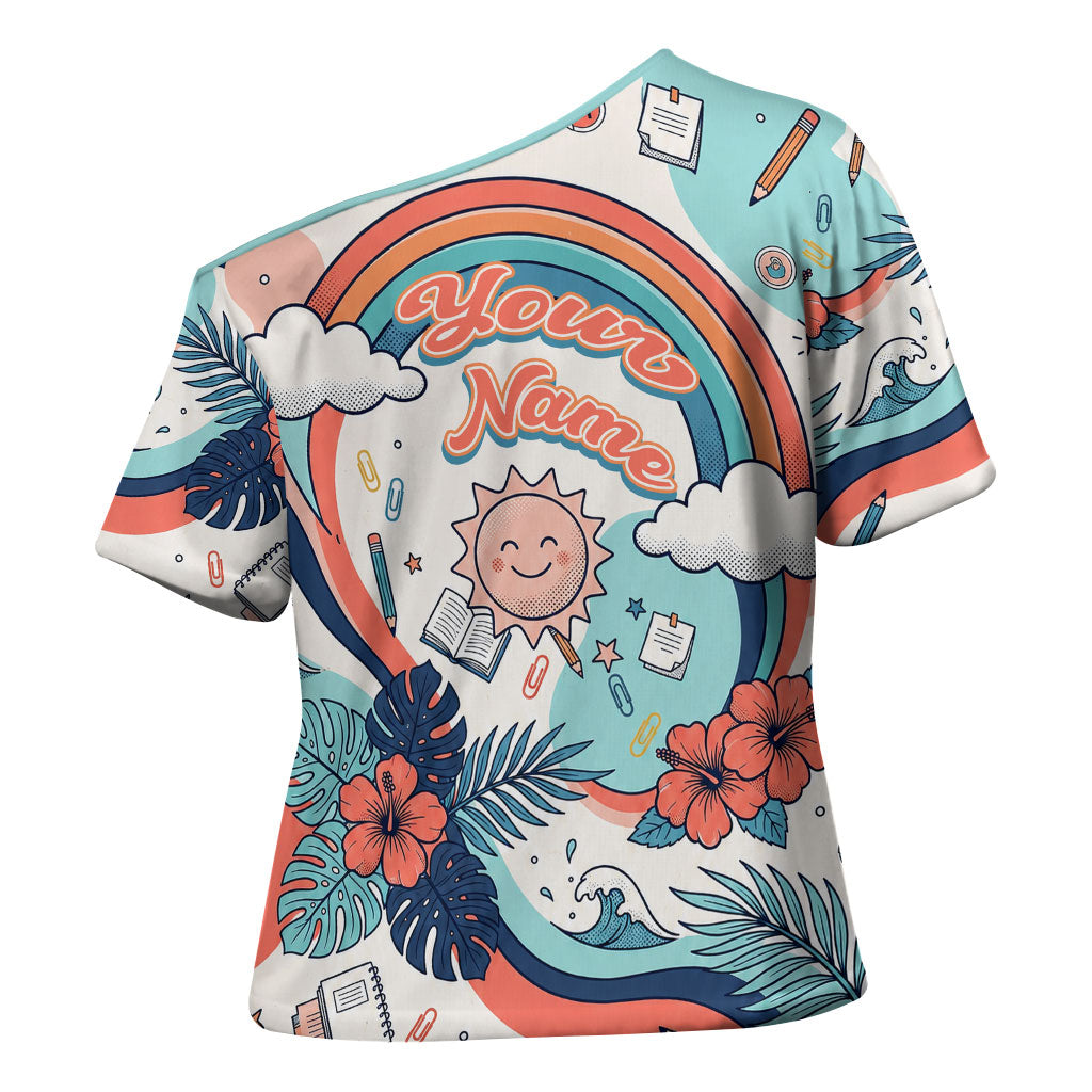 Personalized Hawaii Back To School Cross Shoulder Shirt Retro Rainbow Sun with Tropical Hibiscus Flowers TS04 - Polynesian Pride