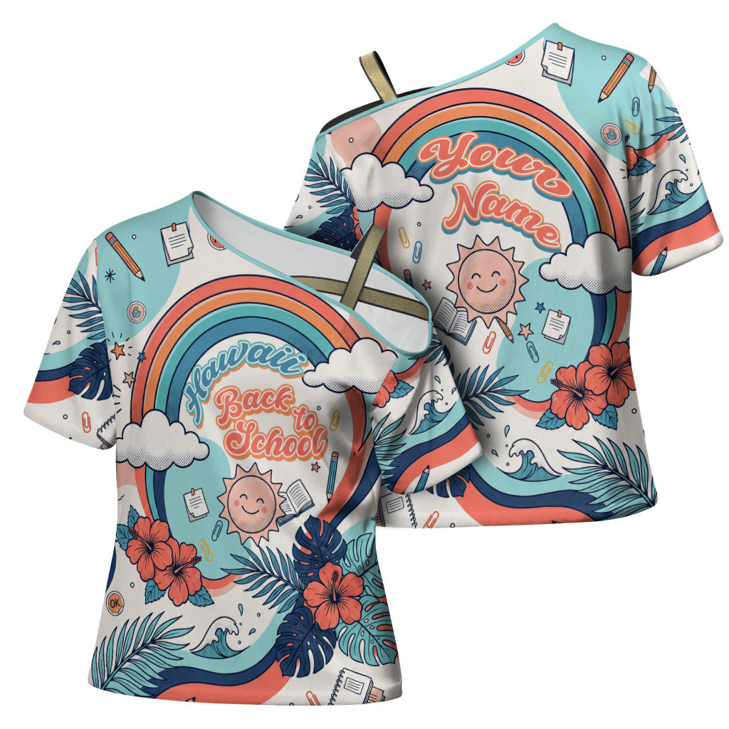 Personalized Hawaii Back To School Cross Shoulder Shirt Retro Rainbow Sun with Tropical Hibiscus Flowers TS04 - Polynesian Pride