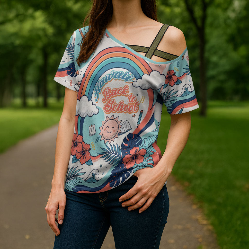 Personalized Hawaii Back To School Cross Shoulder Shirt Retro Rainbow Sun with Tropical Hibiscus Flowers TS04 - Polynesian Pride