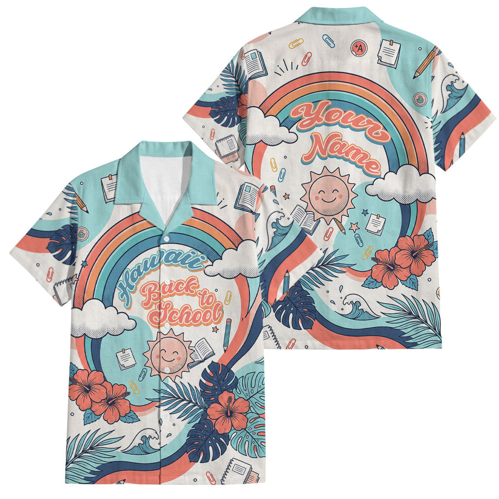 Personalized Hawaii Back To School Family Matching Off Shoulder Short Dress and Hawaiian Shirt Retro Rainbow Sun with Tropical Hibiscus Flowers TS04 Dad's Shirt - Short Sleeve White Blue - Polynesian Pride