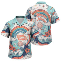 Personalized Hawaii Back To School Family Matching Off Shoulder Short Dress and Hawaiian Shirt Retro Rainbow Sun with Tropical Hibiscus Flowers TS04 Son's Shirt White Blue - Polynesian Pride