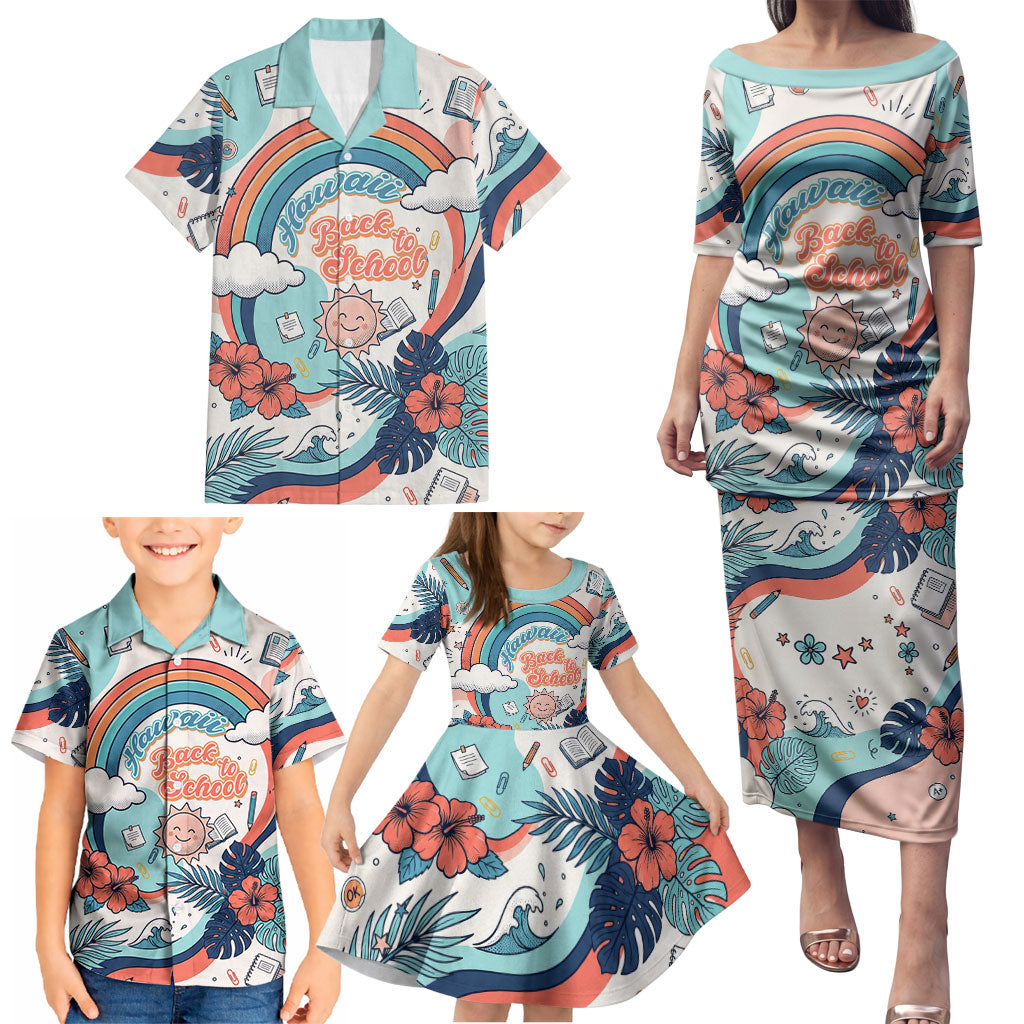 Personalized Hawaii Back To School Family Matching Puletasi and Hawaiian Shirt Retro Rainbow Sun with Tropical Hibiscus Flowers TS04 - Polynesian Pride