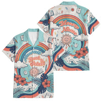Personalized Hawaii Back To School Family Matching Puletasi and Hawaiian Shirt Retro Rainbow Sun with Tropical Hibiscus Flowers TS04 Dad's Shirt - Short Sleeve White Blue - Polynesian Pride