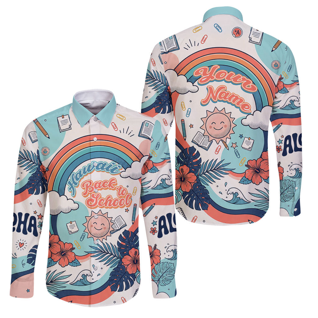 Personalized Hawaii Back To School Family Matching Puletasi and Hawaiian Shirt Retro Rainbow Sun with Tropical Hibiscus Flowers TS04 Dad's Shirt - Long Sleeve White Blue - Polynesian Pride