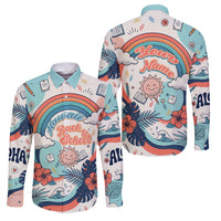 Personalized Hawaii Back To School Family Matching Puletasi and Hawaiian Shirt Retro Rainbow Sun with Tropical Hibiscus Flowers TS04 Dad's Shirt - Long Sleeve White Blue - Polynesian Pride
