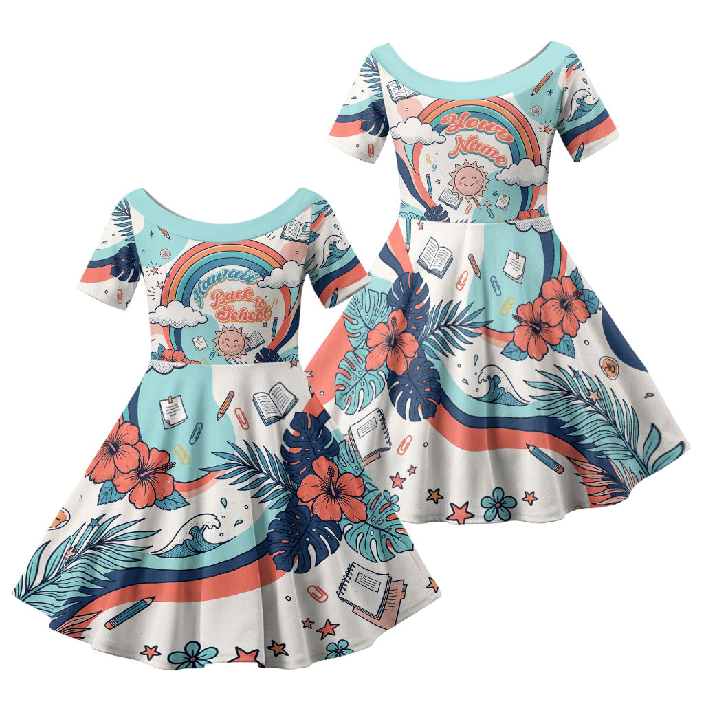 Personalized Hawaii Back To School Family Matching Puletasi and Hawaiian Shirt Retro Rainbow Sun with Tropical Hibiscus Flowers TS04 Daughter's Dress White Blue - Polynesian Pride