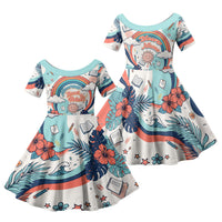 Personalized Hawaii Back To School Family Matching Puletasi and Hawaiian Shirt Retro Rainbow Sun with Tropical Hibiscus Flowers TS04 Daughter's Dress White Blue - Polynesian Pride