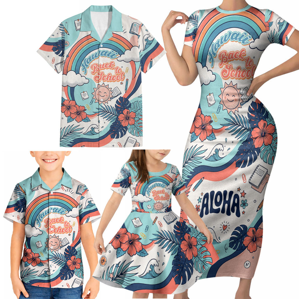 Personalized Hawaii Back To School Family Matching Short Sleeve Bodycon Dress and Hawaiian Shirt Retro Rainbow Sun with Tropical Hibiscus Flowers TS04 - Polynesian Pride