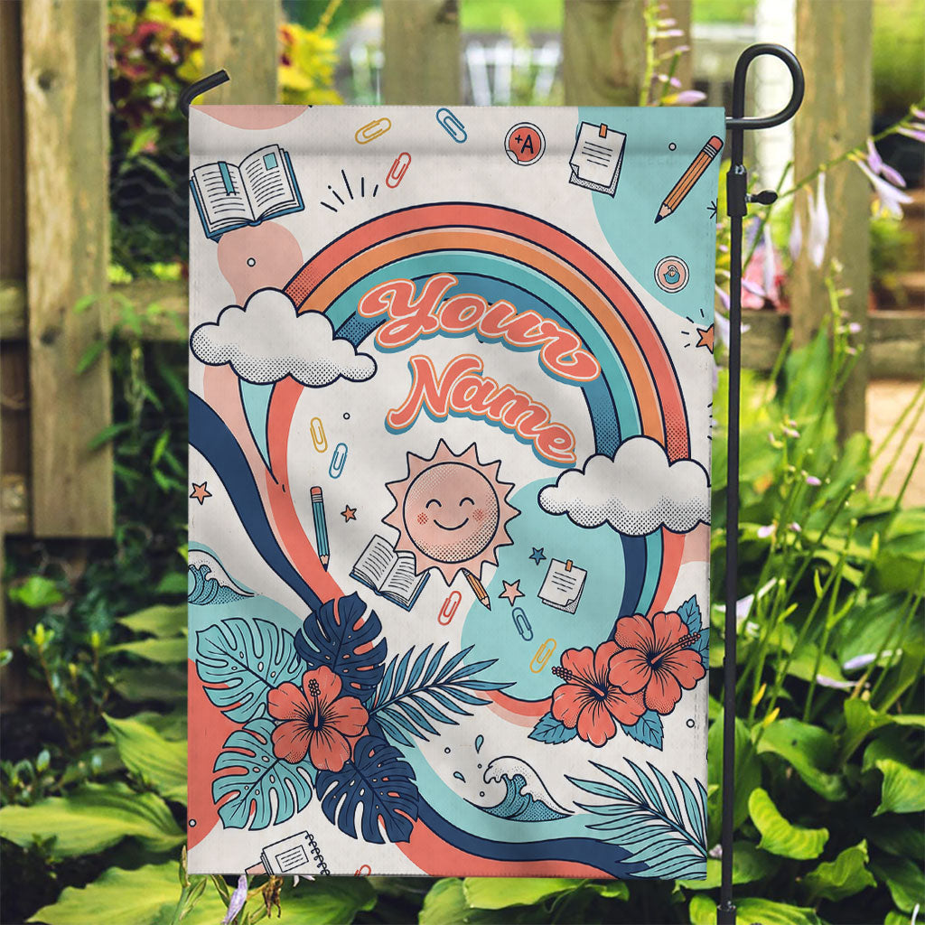 Personalized Hawaii Back To School Garden Flag Retro Rainbow Sun with Tropical Hibiscus Flowers TS04 Garden Flag White Blue - Polynesian Pride