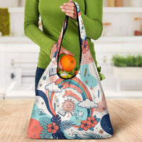 Personalized Hawaii Back To School Grocery Bag Retro Rainbow Sun with Tropical Hibiscus Flowers TS04 - Polynesian Pride