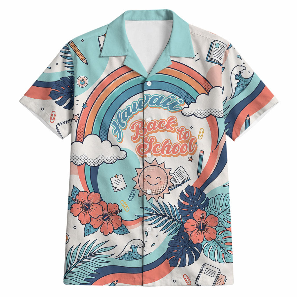 Personalized Hawaii Back To School Hawaiian Shirt Retro Rainbow Sun with Tropical Hibiscus Flowers TS04 White Blue - Polynesian Pride