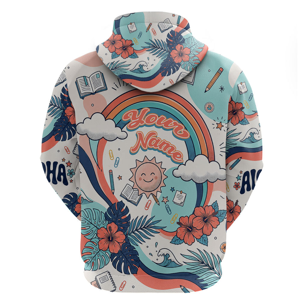 Personalized Hawaii Back To School Hoodie Retro Rainbow Sun with Tropical Hibiscus Flowers TS04 - Polynesian Pride