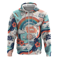 Personalized Hawaii Back To School Hoodie Retro Rainbow Sun with Tropical Hibiscus Flowers TS04 Zip Hoodie White Blue - Polynesian Pride