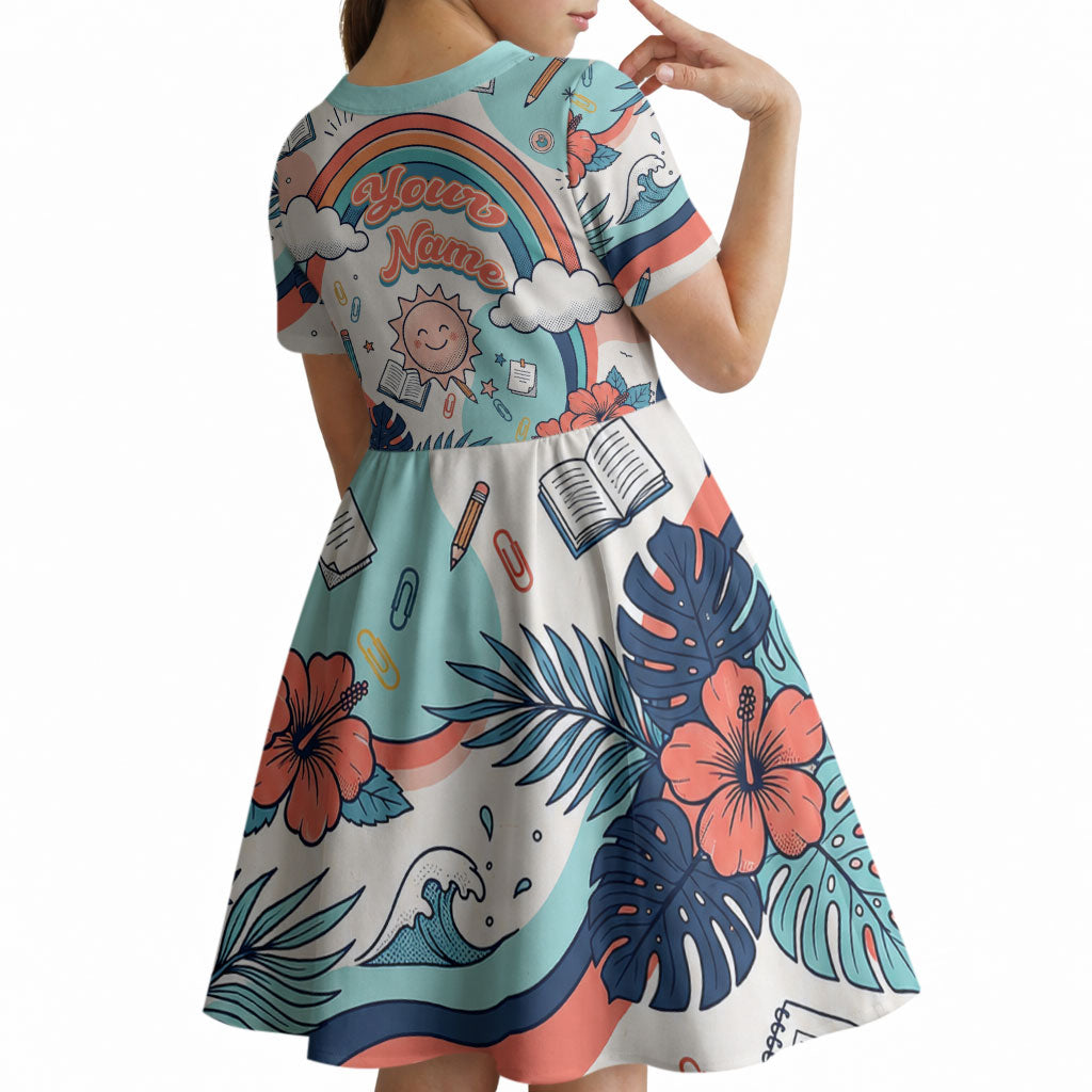 Personalized Hawaii Back To School Kid Short Sleeve Dress Retro Rainbow Sun with Tropical Hibiscus Flowers TS04 - Polynesian Pride
