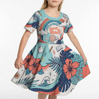 Personalized Hawaii Back To School Kid Short Sleeve Dress Retro Rainbow Sun with Tropical Hibiscus Flowers TS04 - Polynesian Pride