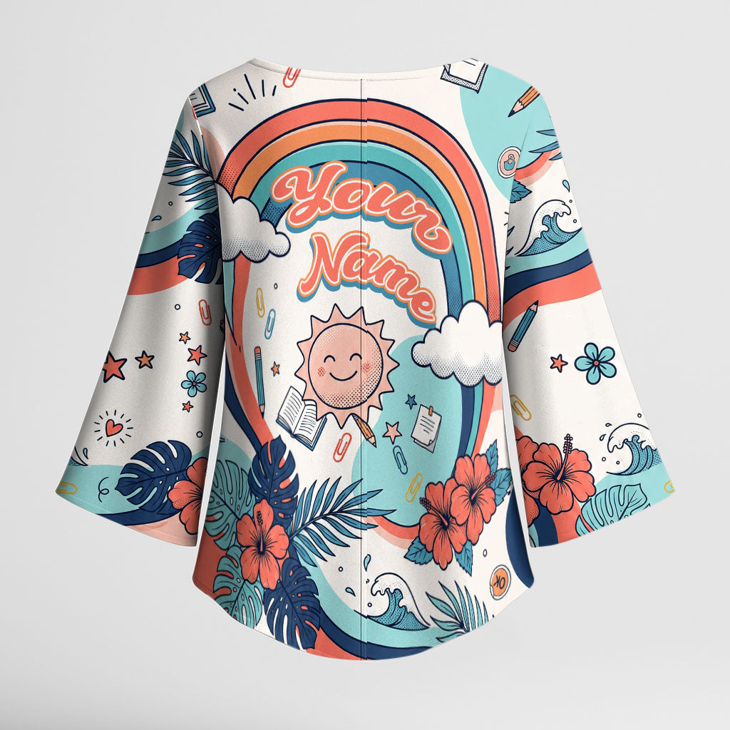 Personalized Hawaii Back To School Kimono Sleeve Blouse Retro Rainbow Sun with Tropical Hibiscus Flowers TS04 - Polynesian Pride