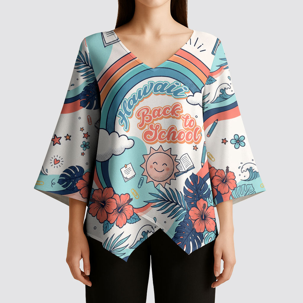 Personalized Hawaii Back To School Kimono Sleeve Blouse Retro Rainbow Sun with Tropical Hibiscus Flowers TS04 - Polynesian Pride